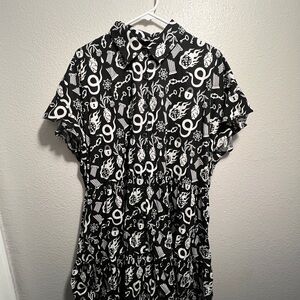 Nooworks Eloise Black and White Odin Graphic Button-Up Dress